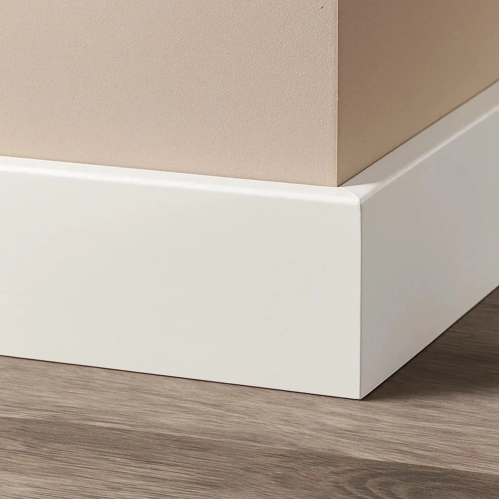 Hoge witte plint strak afgewerkt in de hoek, op een PVC vloer in houtlook